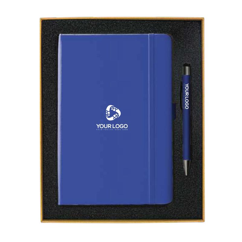 Promotional Gift Sets With Cushioned Gift Boxes with PU Notebook, Metal pen with stylus With Logos